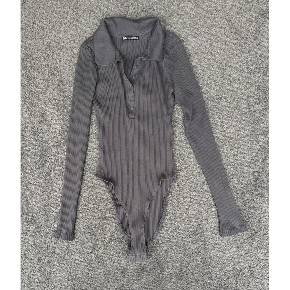 Zara Womens Ribbed Long Sleeve Polo Henley Bodysuit Charcoal Gray Size Medium